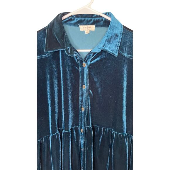 UMGEE Velvet Button Down Collared Top teal - Picture 5 of 6